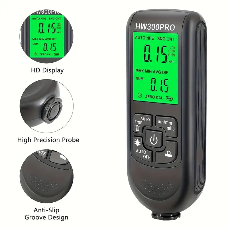 Temu HW-300PRO car paint film thickness gauge measuring 0-2000 micrometers, digital display for precise paint thickness assessment.