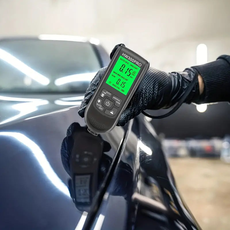 Temu HW-300PRO car paint film thickness gauge measuring 0-2000μm, digital device used for precise thickness testing of automotive paint.