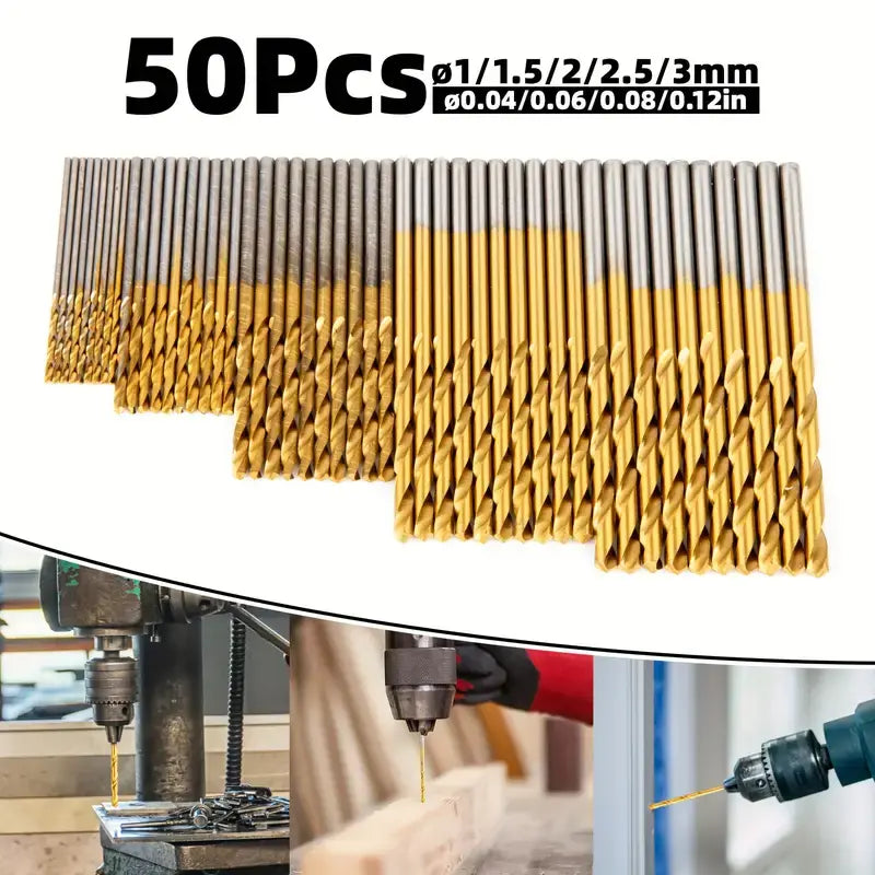 Set of 50 titanium-coated high-speed steel drill bits by Temu, showing various drill bit sizes arranged in a case.