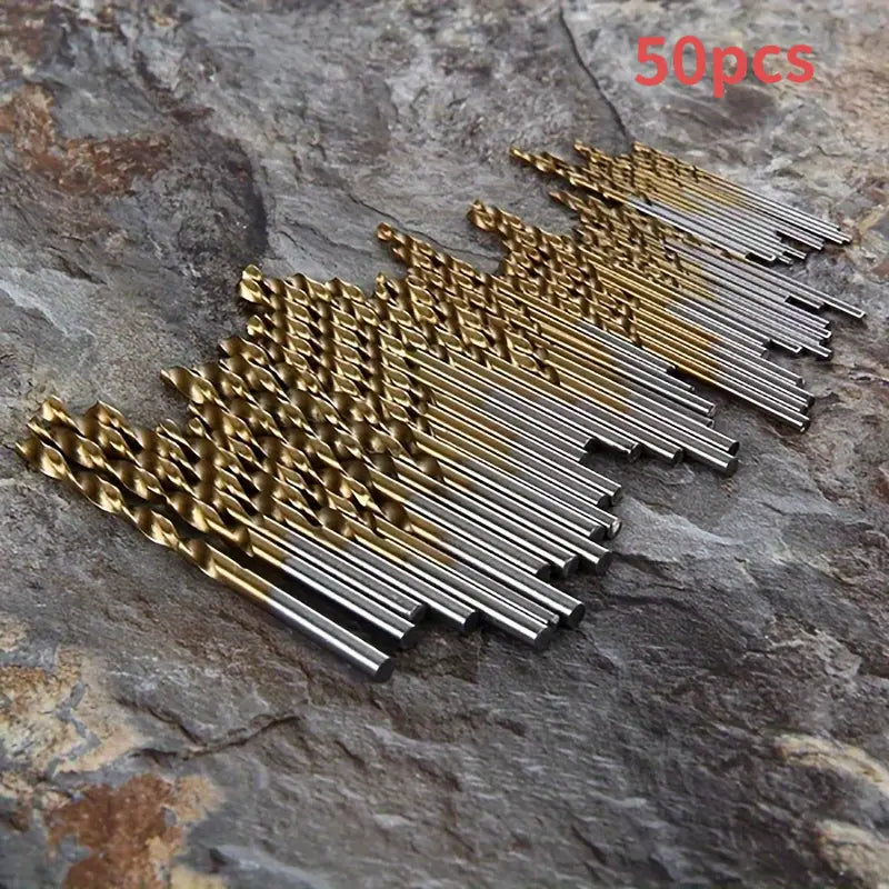Set of 50 titanium-coated high-speed steel drill bits by Temu, showing various drill bit sizes with a metallic finish.