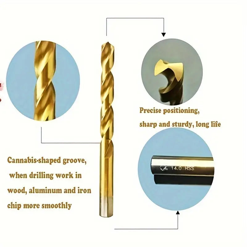 Set of 50 titanium-coated high-speed steel drill bits from Temu, featuring durable and sharp drill bits for various drilling applications.