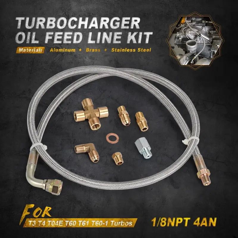 Temu turbo oil feed line kit with 1/8NPT and 4AN fittings, 96.52cm braided stainless steel for T3, T4, T04E, T60, and T61 turbos.