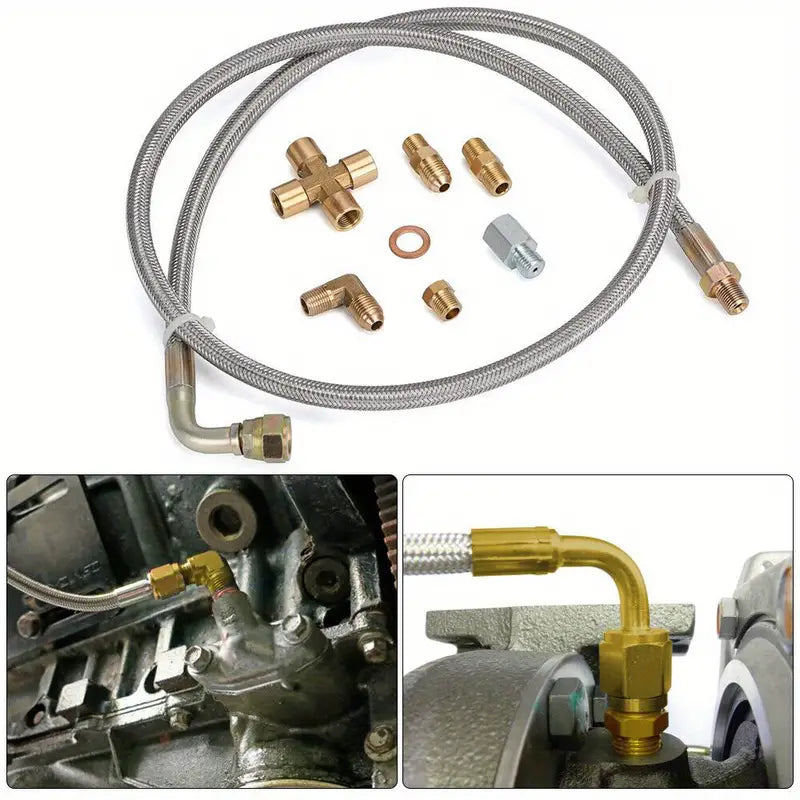Temu turbo oil feed line kit with 1/8NPT and 4AN fittings, 96.52cm braided stainless steel for T3, T4, T04E, T60 turbochargers.