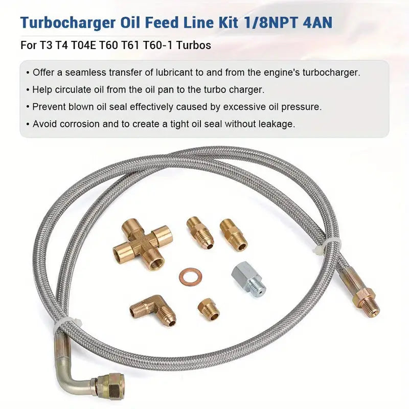 Temu turbo oil feed line kit with 1/8NPT and 4AN fittings, 96.52cm braided stainless steel for T3, T4, T04E, T60, and T61 turbos.