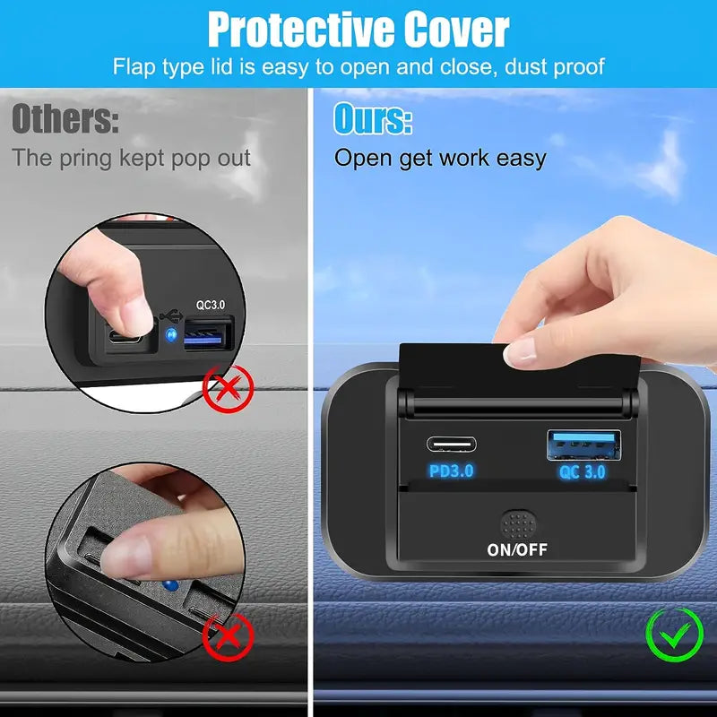 Temu 2-pack USB power socket with dual quick charge outlets, includes Type-C and QC3.0 for 12V/24V vehicles.
