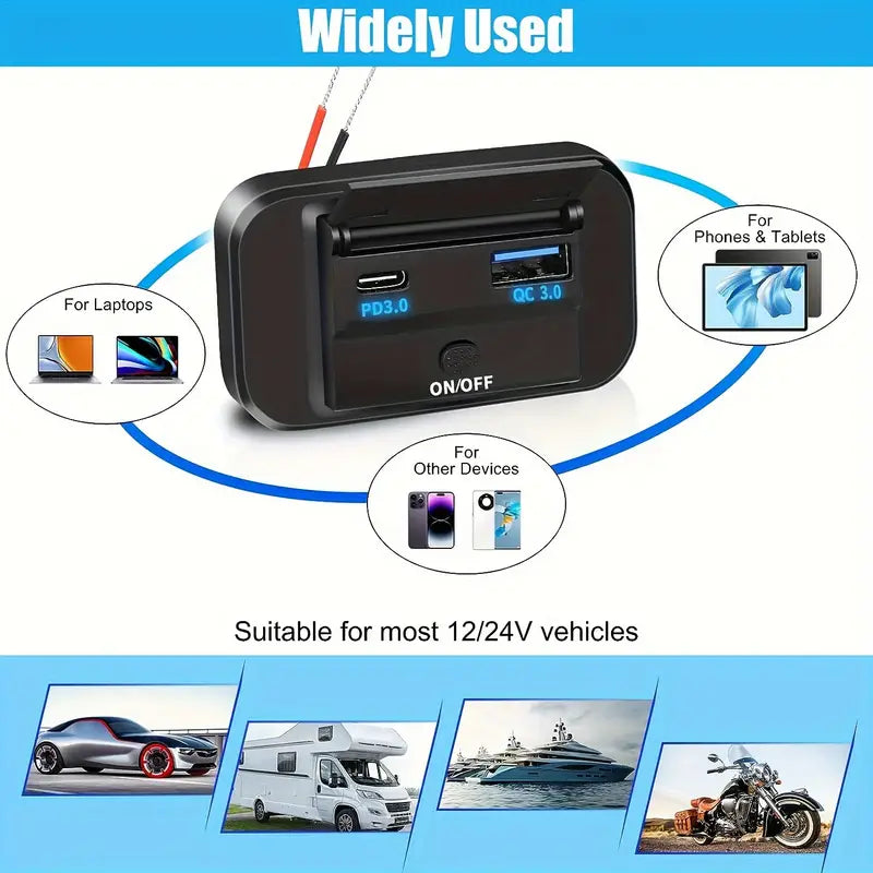 Temu 2-pack USB power socket with dual quick charge outlets, PD3.0, Type-C, and QC3.0 for 12V/24V vehicles.