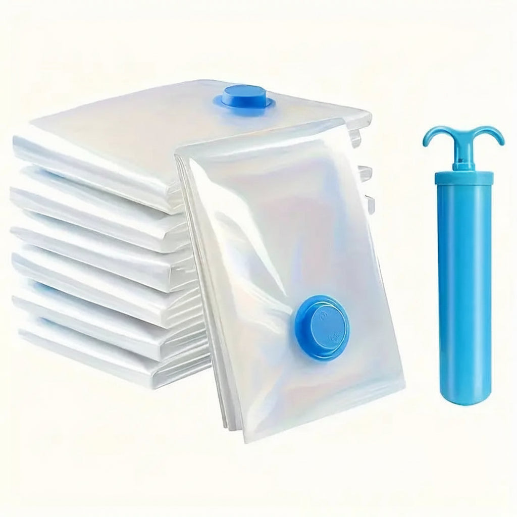 Eight large Temu vacuum storage bags, 40x60 inches, with hand pump for space-saving storage and organization.