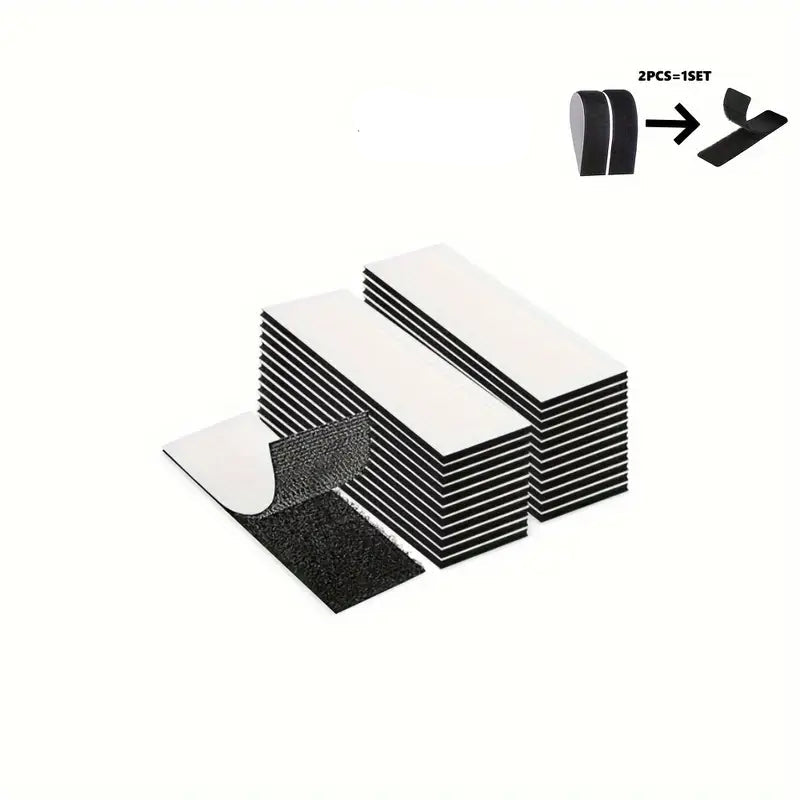 20-piece set of Temu Velcro self-adhesive interlocking tape showing close-up of black hook and loop strips on a white background.