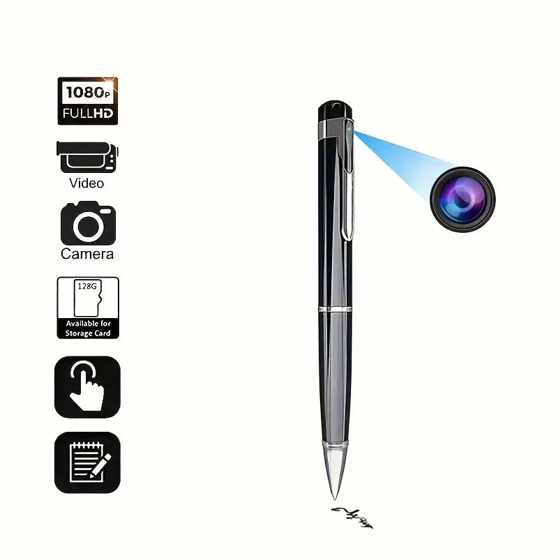 Mini portable 1080p wearable video recorder pen by Temu, showing the sleek black recorder with clip and lens.