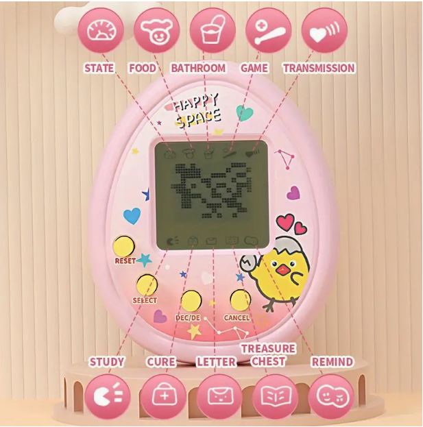 Temu electronic virtual handheld pet game displaying a colorful digital pet on a small screen.