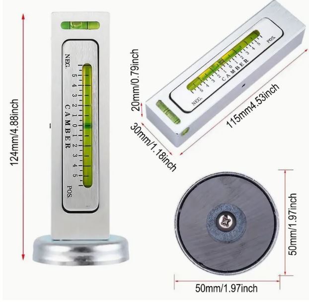 Magnetic castor and camber wheel alignment gauge tool by Temu, showing measurement scales and magnetic features for precise alignment.
