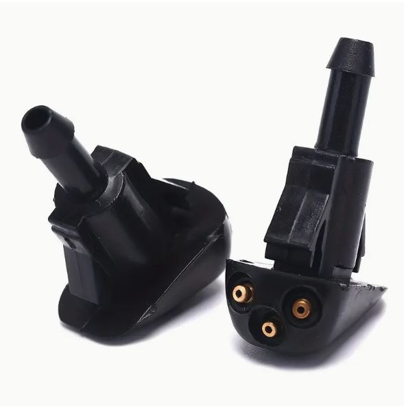 Two Temu windshield wiper washer sprayer nozzles for Hyundai and Kia vehicles, shown installed on the wiper system.