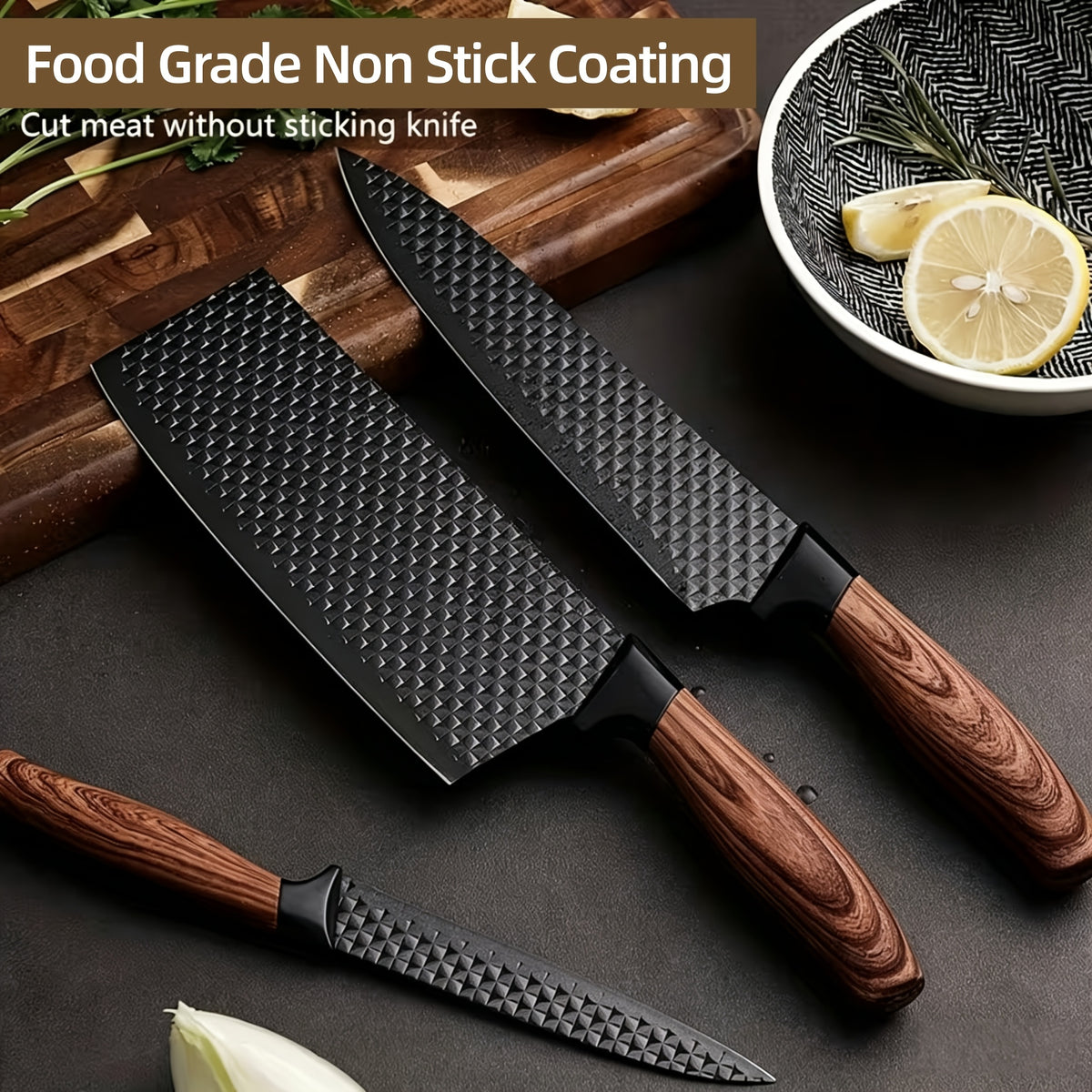 Six-piece stainless steel kitchen knives set by Temu with ergonomic handles, displayed on a wooden cutting board.
