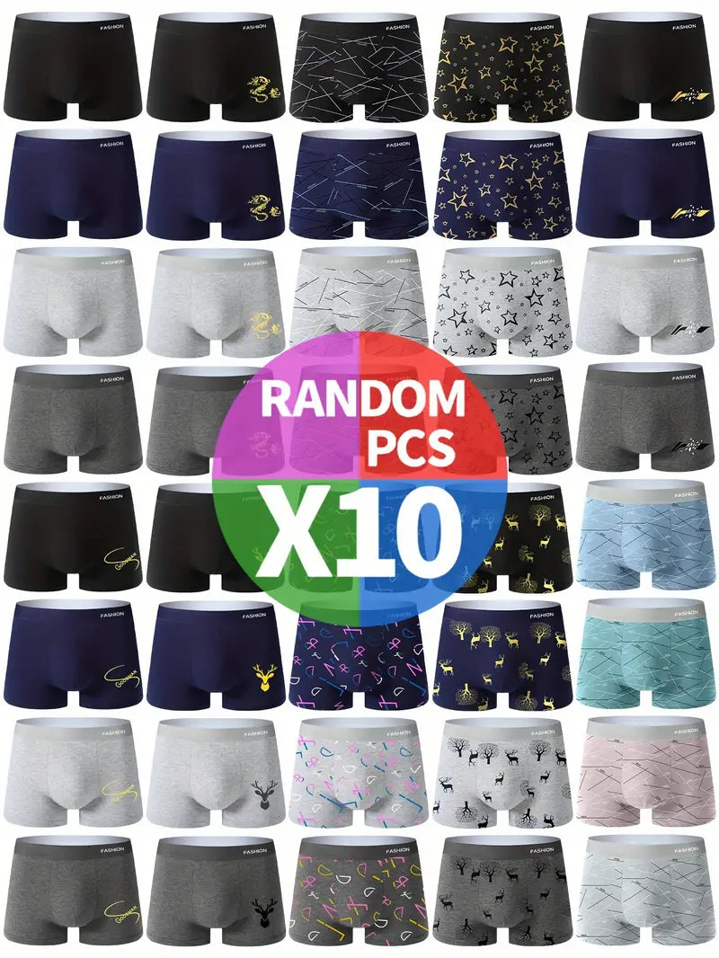 Random 10pcs Men's Antibacterial Underwear - Casual Boxer Briefs Shorts - Large