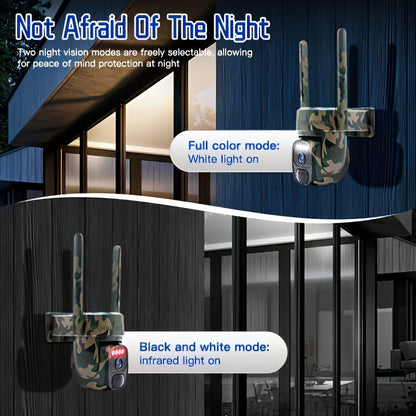 Temu 2.4G WIFI solar security camera in camo, outdoor monitoring with 360° tilt, two-way talk, and color video recording.