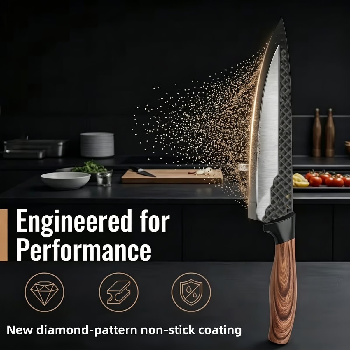 Six-piece Temu stainless steel kitchen knives set with ergonomic handles and sharp blades for household cooking tasks.