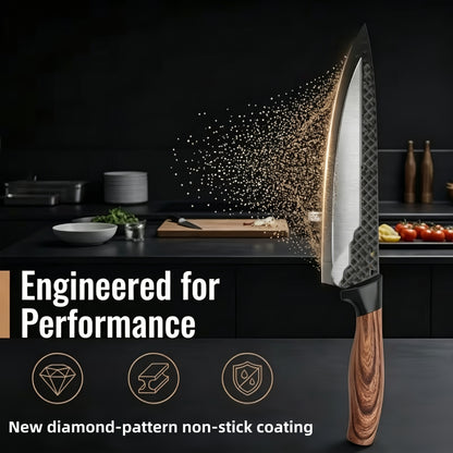 Six-piece Temu stainless steel kitchen knives set with ergonomic handles and sharp blades for household cooking tasks.