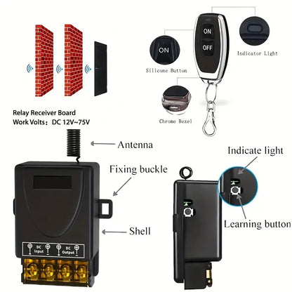 Wireless Remote Switch DC 12V/24V/48V/72V 30A Relay for Home Appliances