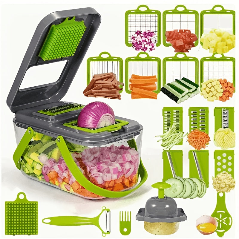 Temu 22-in-1 vegetable chopper with multiple blades and compartments for easy vegetable preparation and slicing.