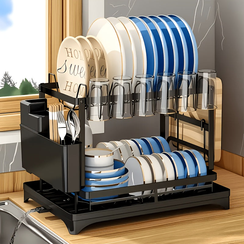 Temu 2-Tier Dish Drying Rack on kitchen counter with space for plates, utensils, and cups, made of metal with a sleek design.