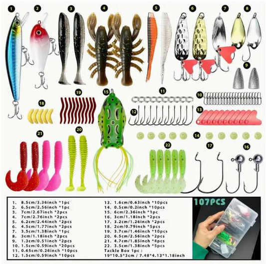 107pcs Fishing Lures Kit for For Bass, Trout & Salmon Fishing