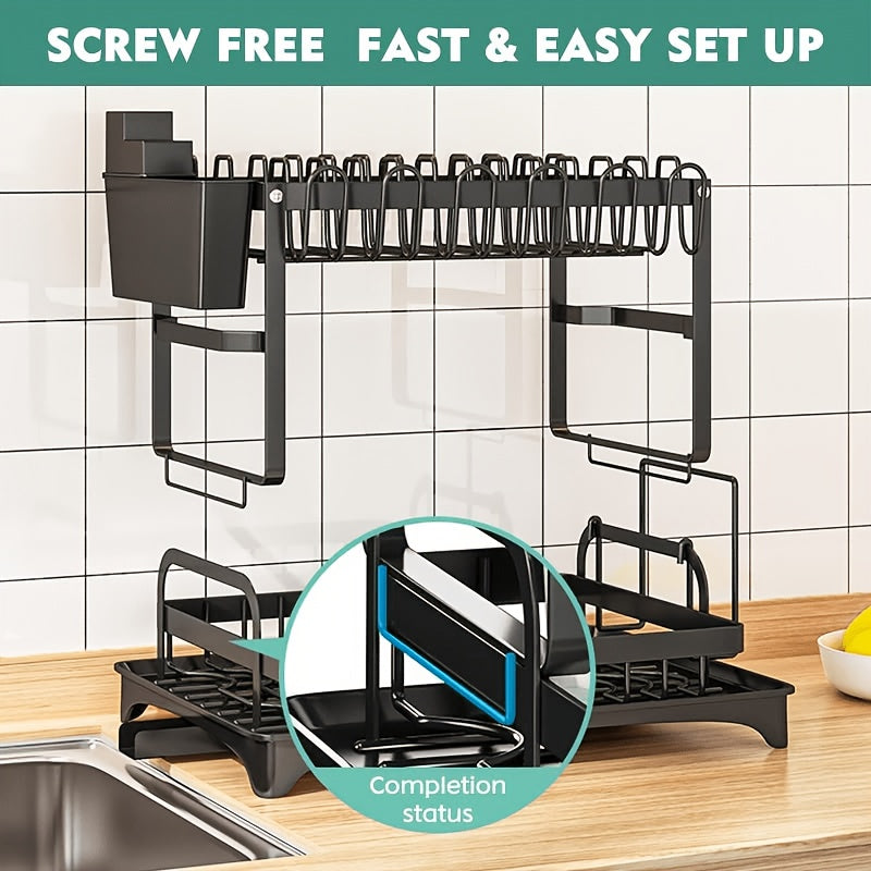 Temu 2-Tier Dish Drying Rack on kitchen counter with space for dishes, utensils, and drying cups in a modern kitchen.