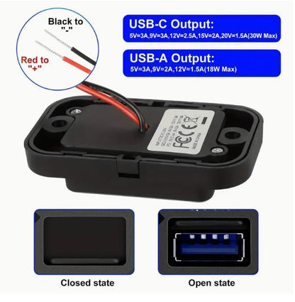 12V/24V RV USB Outlet Dual Quick Charge PD3.0 Type-C (USB C) & QC3.0 USB-A Waterproof Power Socket