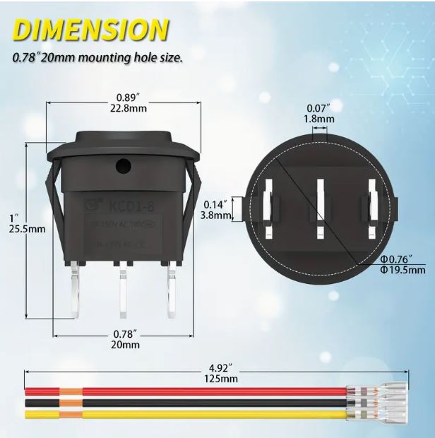 5pcs 3-Pin 12V  3 position Round Rocker Switch