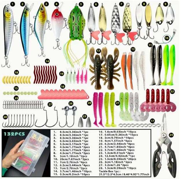 132pcs Fishing Lures Kit for For Bass, Trout & Salmon Fishing