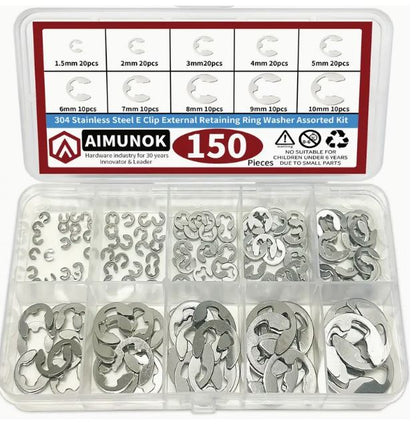 150pcs Stainless Steel Stainless Steel E Clip Washer Assortment Kit Circlip Retaining Ring For Shaft Fastener M1.5~M15