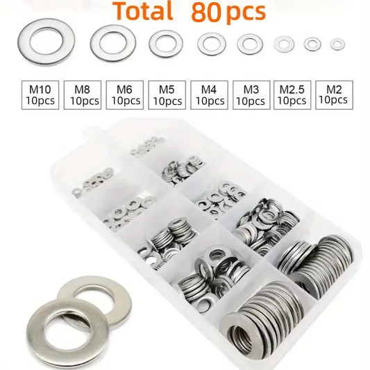 80pcs Stainless Steel Flat Washers Assortment Kit