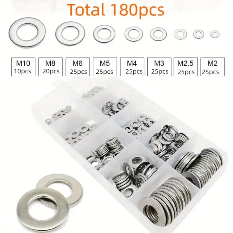 180pcs Stainless Steel Flat Washers Assortment Kit