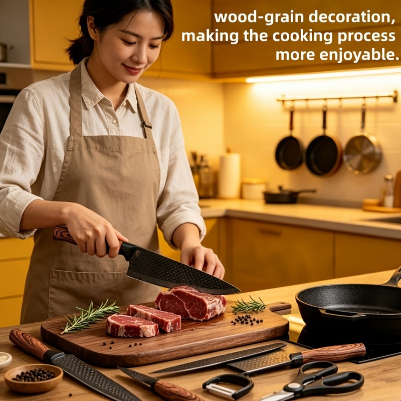 Six stainless steel kitchen knives in a household knife set displayed with ergonomic handles and blade varieties for versatile cooking tasks.