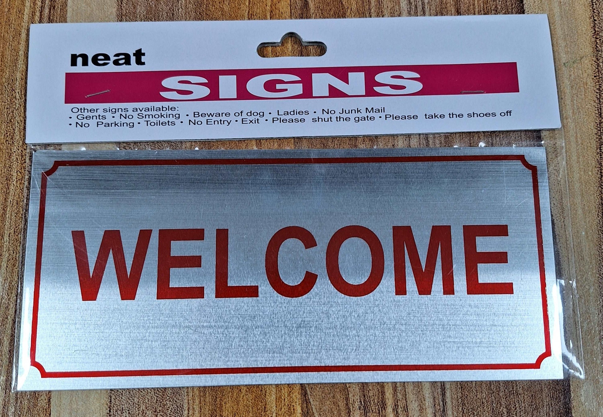 Red on Silver Welcome Metal Sign