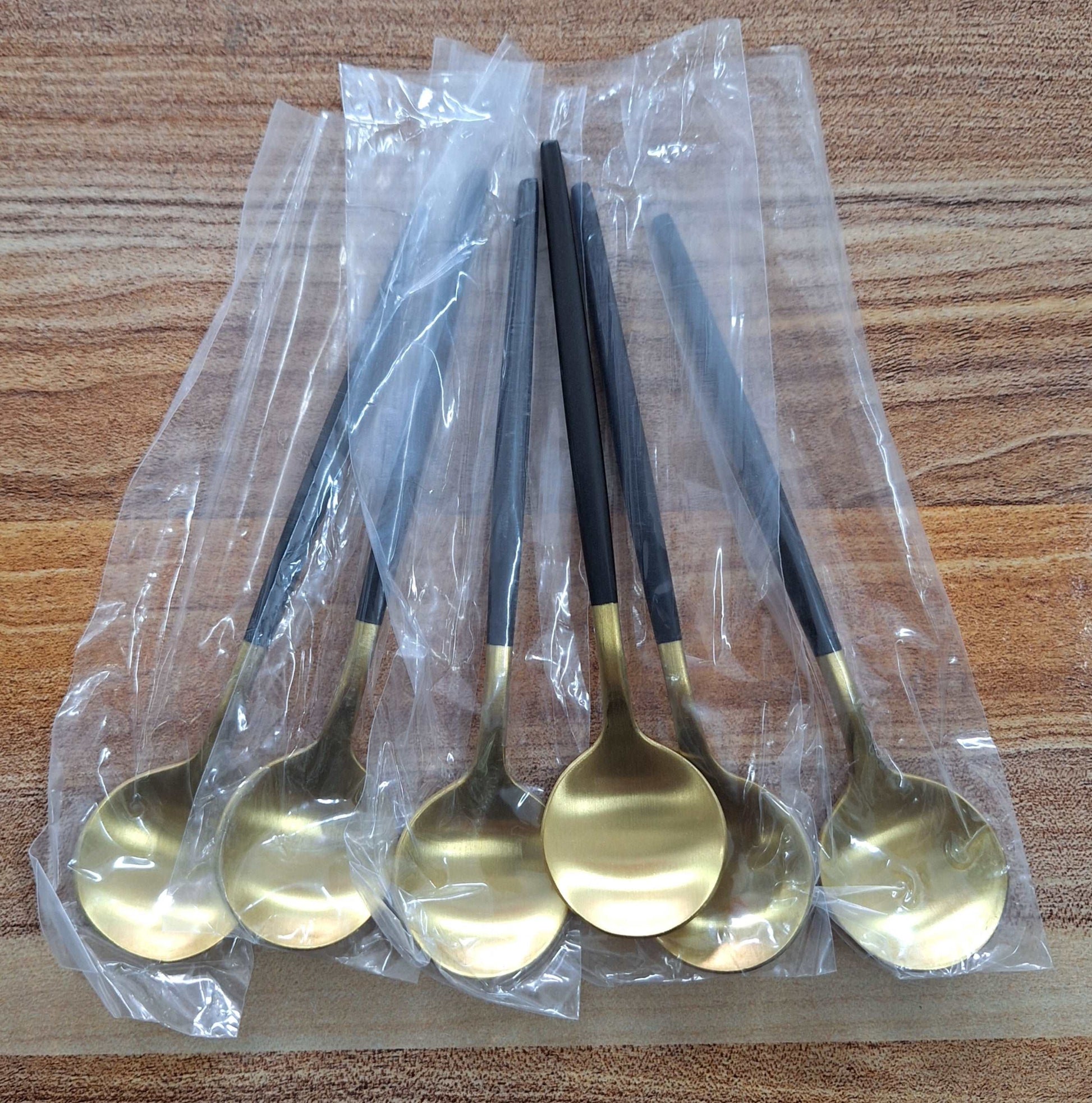 Brushed Gold and Black Stainless Steel Mini Tea Spoons - 6 Pieces