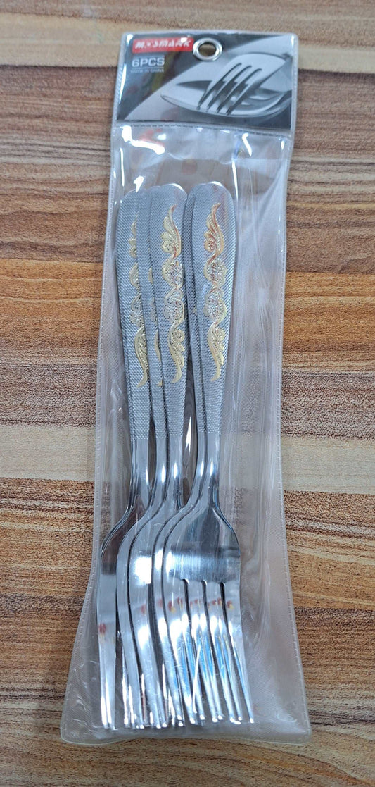 Sliver and Gold Stainless Steel Forks With Design - 6 Pieces