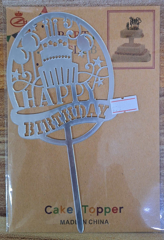 Silver Happy Birthday Cake Topper