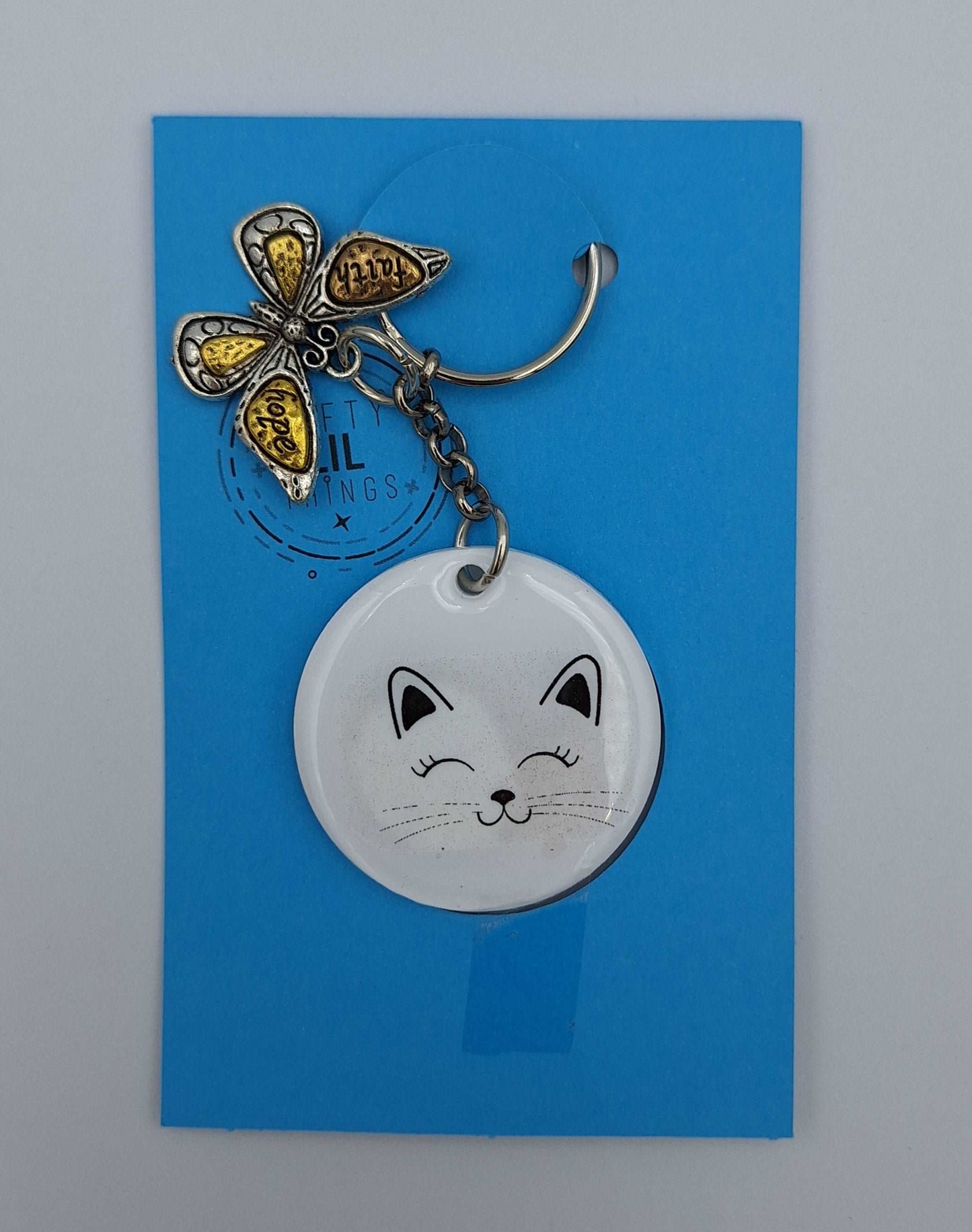 Custom-made Keyring With Butterfly & Smiling Kitten