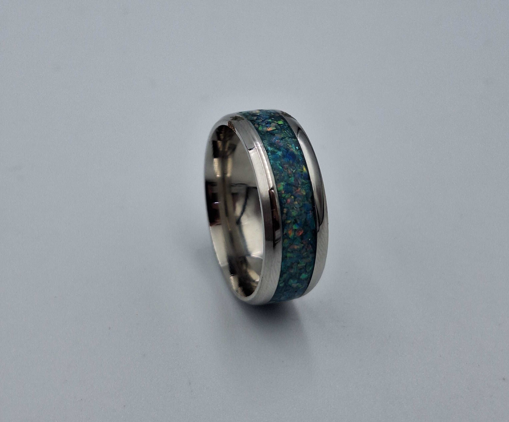 Stainless Steel 8mm Ring With Crushed Opals - Size 10