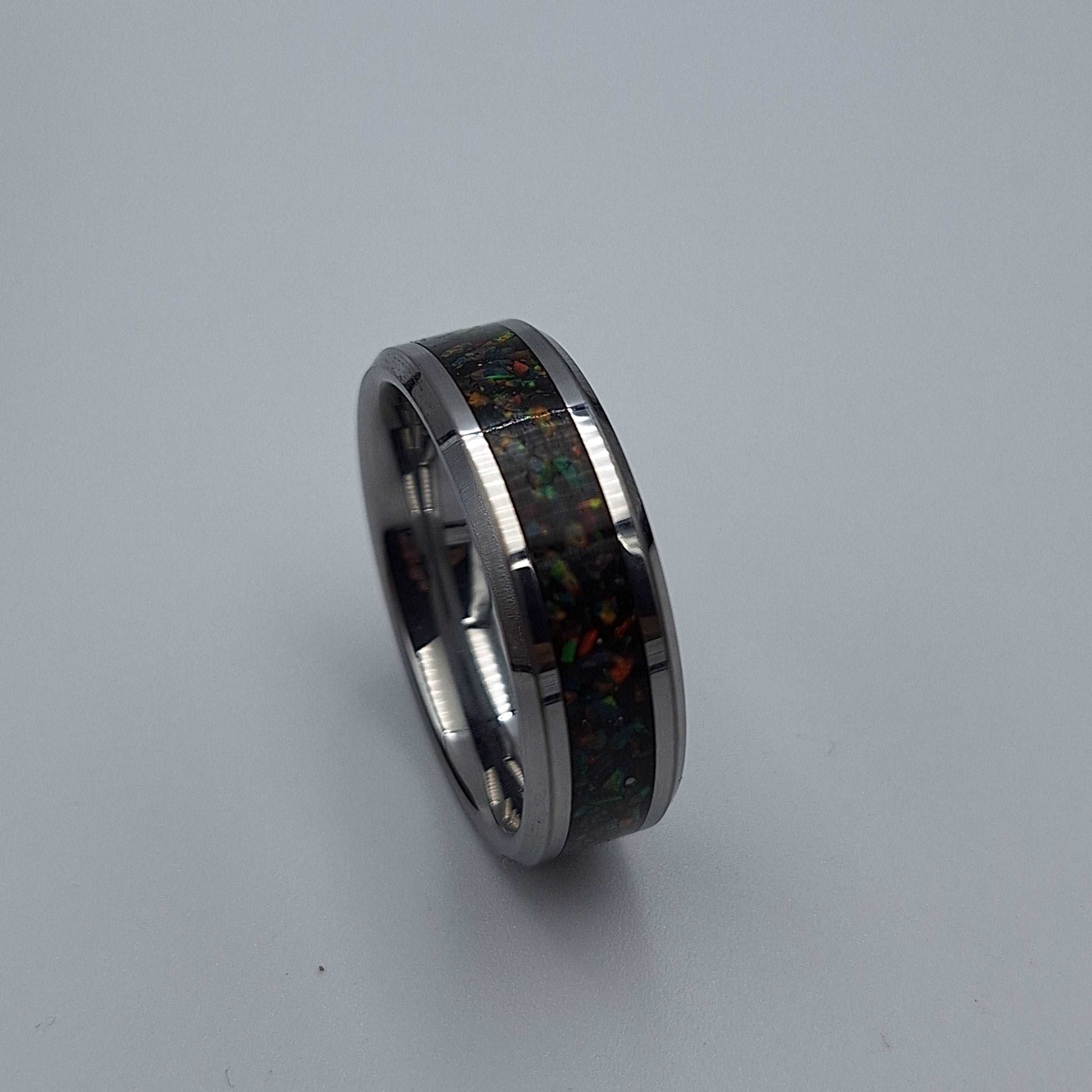 Tungsten Metal 8mm Ring With Crushed Opals - Size 13