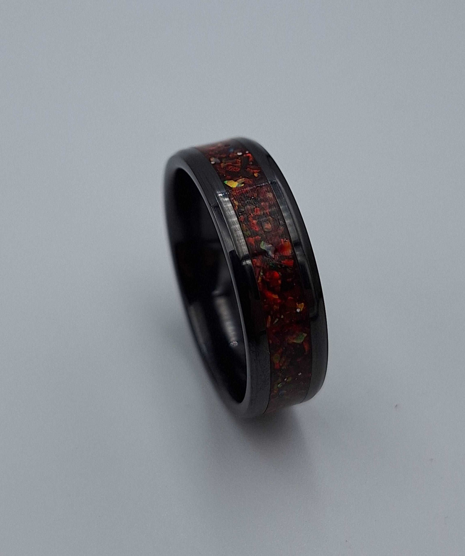 Black Ceramic 8mm Ring With Crushed Opals - Size 15