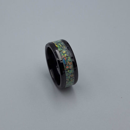 Black Ceramic 8mm Ring With Crushed Opals - Size 7