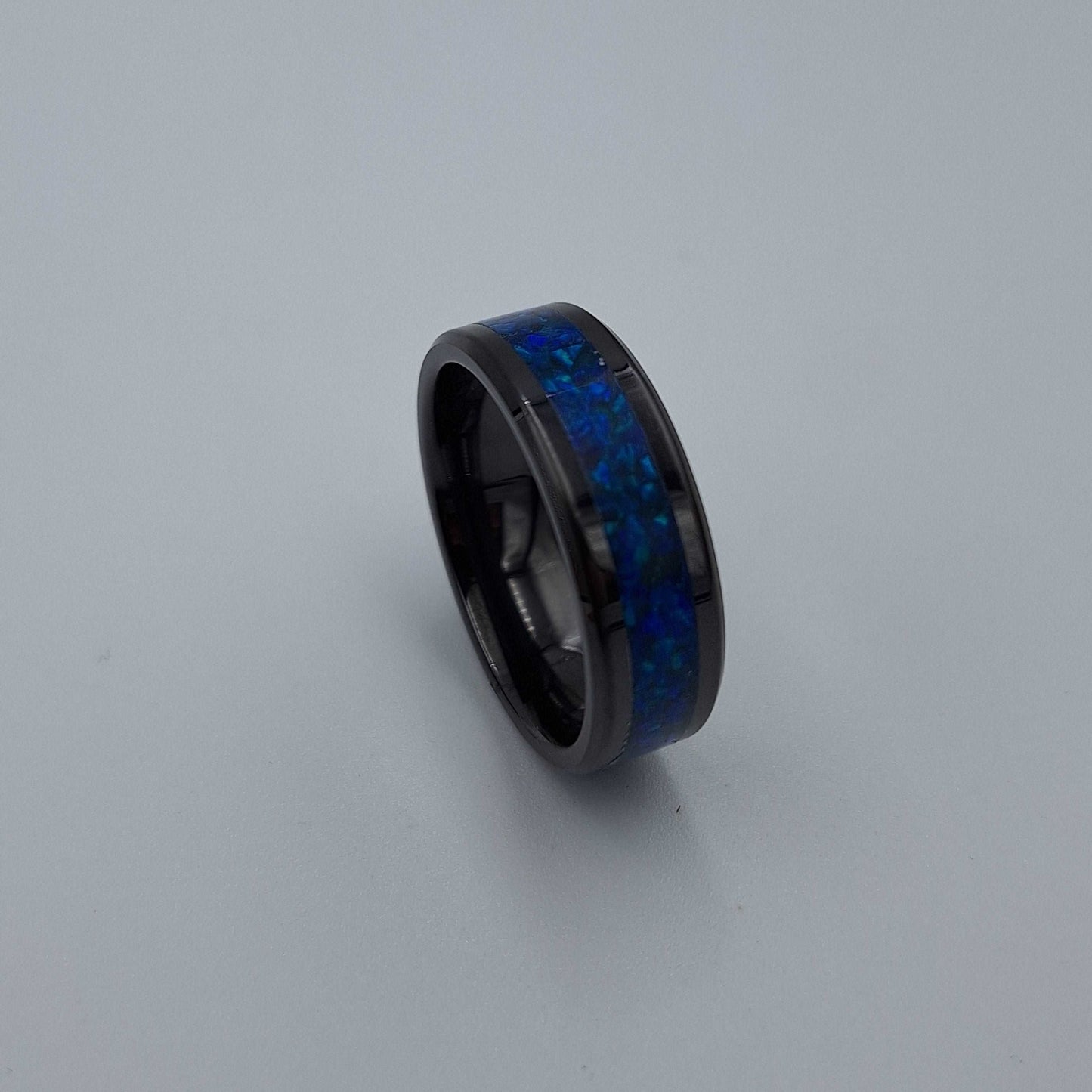 Black Ceramic 8mm Ring With Crushed Opals - Size 13