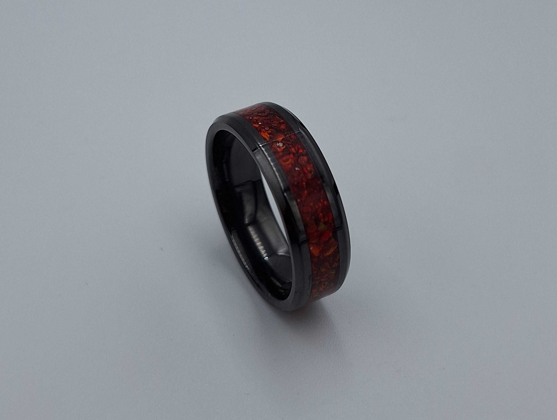 Black Ceramic 8mm Ring With Crushed Opals - Size 14