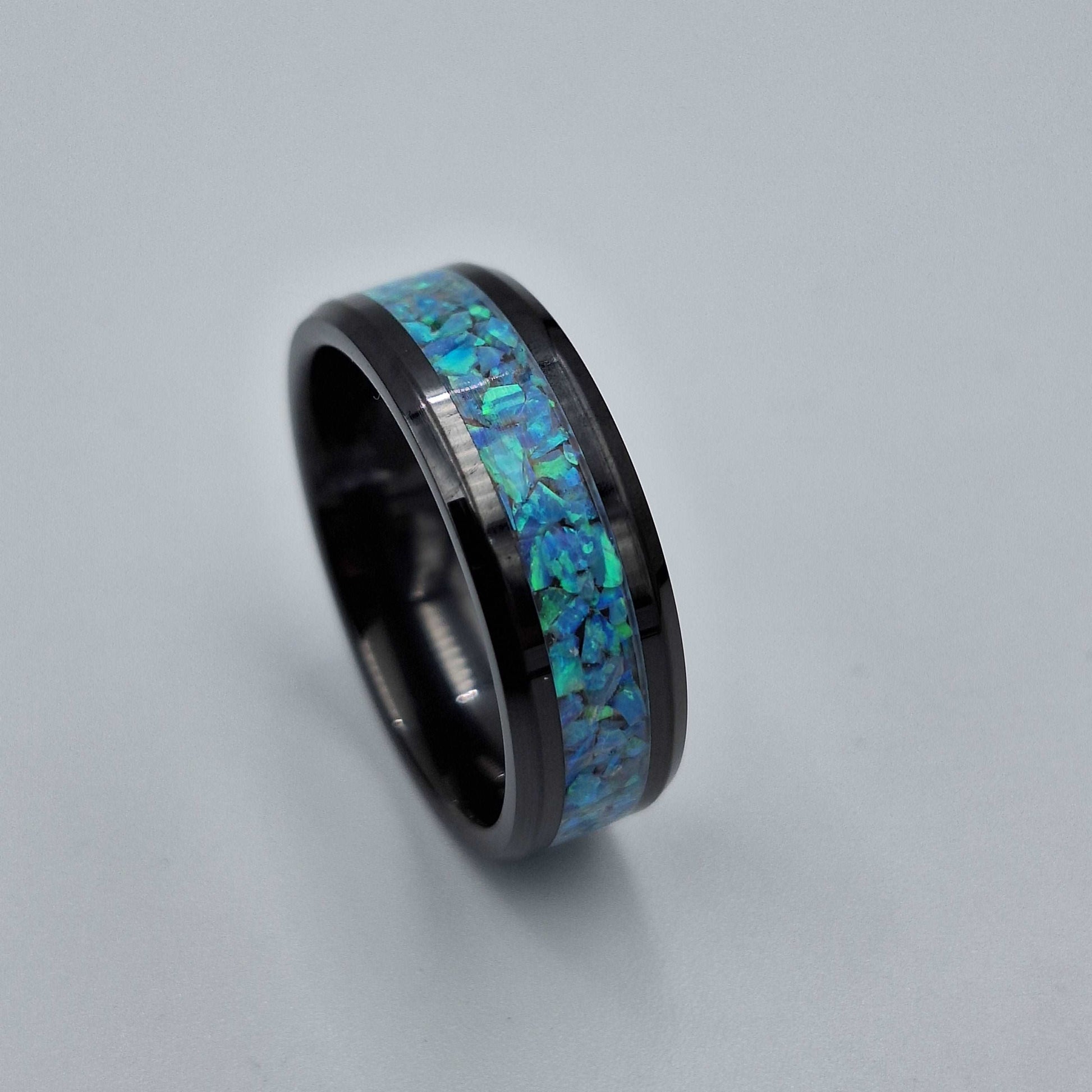Black Ceramic 8mm Ring With Crushed Opals - Size 12
