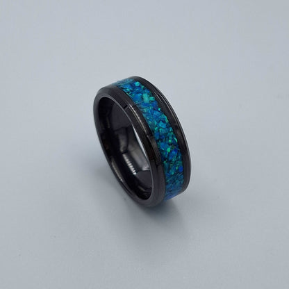 Black Ceramic 8mm Ring With Crushed Opals - Size 10