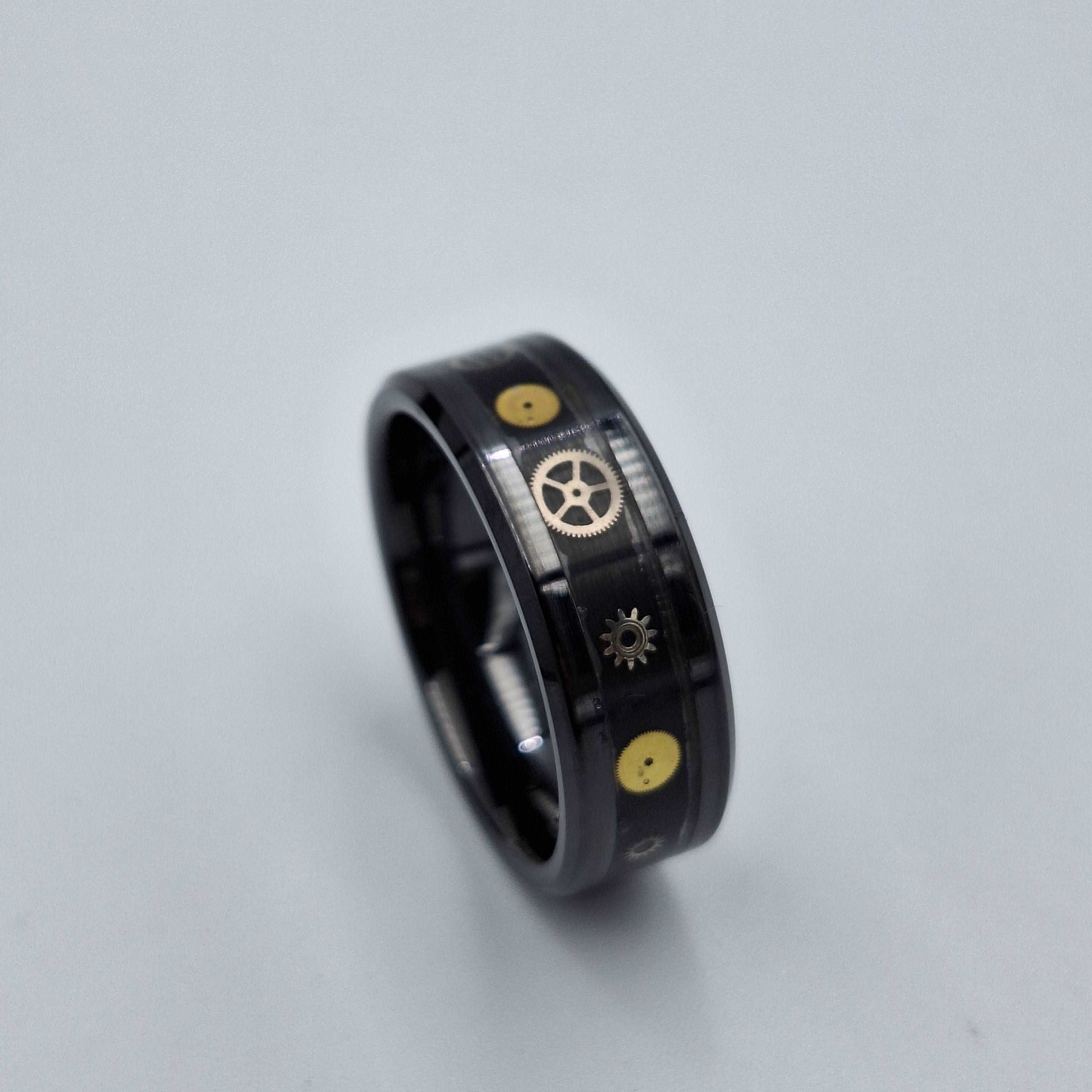 Black Ceramic 8mm Ring With  Clock Components - Size 11
