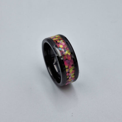 Black Ceramic 8mm Ring With Resin Inlay  - Size 13