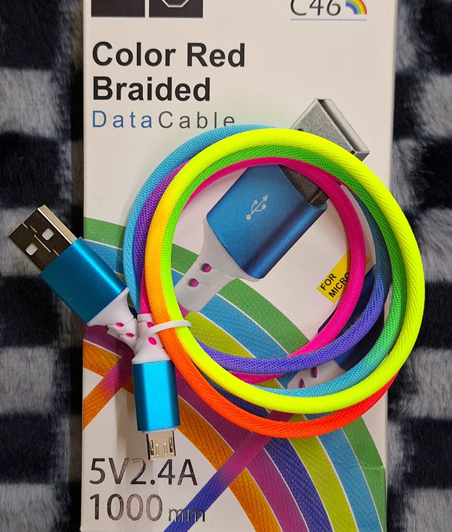 Multicoloured Braided Data Cable - USB to Micro USB 5V 2.4A