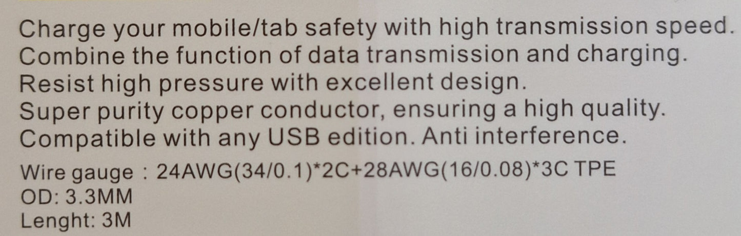 Fast Charging Micro USB 2.4A Output Cable - 3 meters